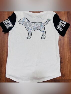 Victoria's Secret Pink HTF iridescent Silver bling dog Tshirt : Large